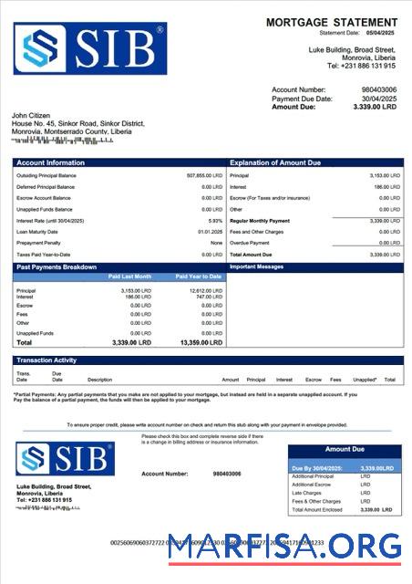 Premium Liberia Sapelle International Bank Liberia Limited Hypothek Kontoauszug Word and PDF Vorlage