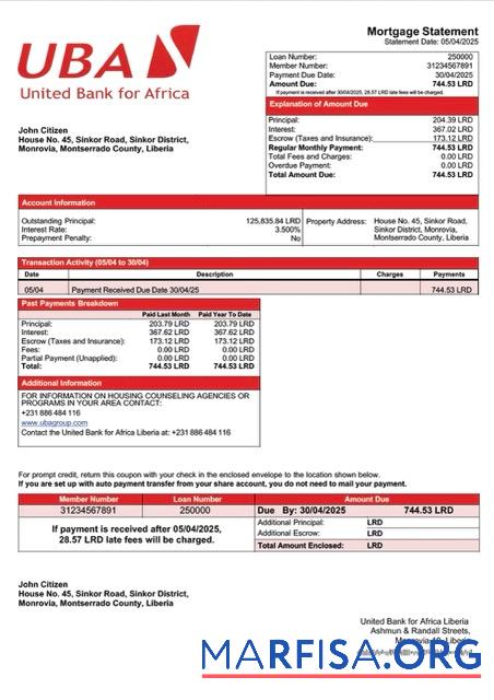 Premium Liberia United Bank for Africa Liberia Hypothek Kontoauszug Word and PDF Vorlage