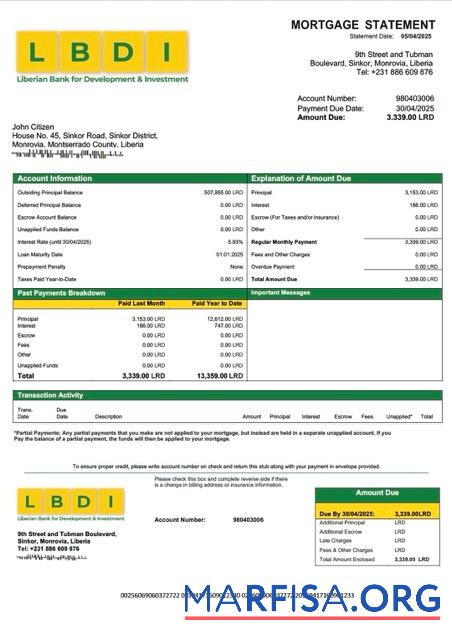 Premium Liberian Bank for Development and Investition (LBDI) Hypothek Kontoauszug Word and PDF Vorlage