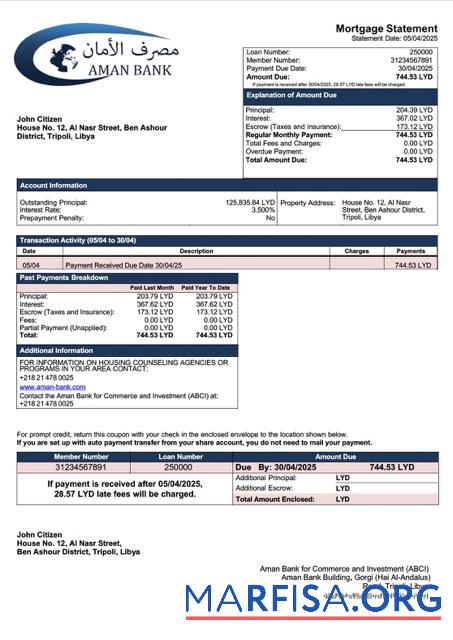 Hohe Qualität Libyen Aman Bank for Commerce and Investition (ABCI) Hypothek Kontoauszug Word and PDF Vorlage