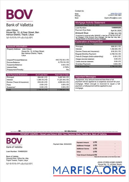 Professionell Libyen Bank of Valletta Hypothek Kontoauszug Word and PDF Vorlage