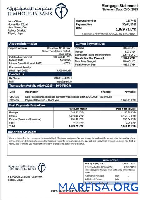 Realistisch Libyen Jumhouria Bank Hypothek Kontoauszug Word and PDF Vorlage