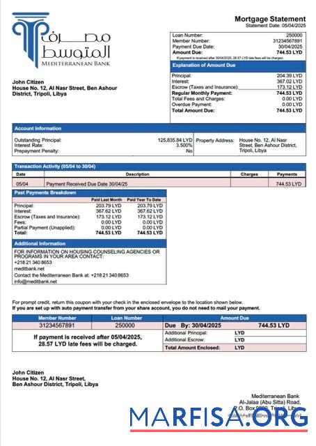 Bearbeitbar Libyen Mediterranean Bank┬áHypothek Kontoauszug Word and PDF Vorlage