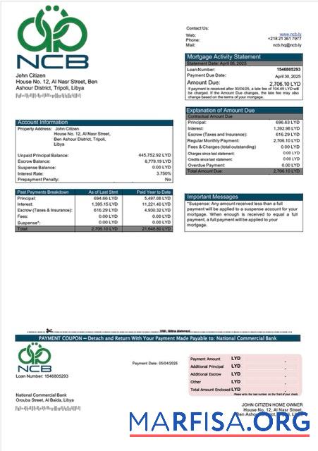 Hohe Qualität Libyen National Kommerziell Bank┬áHypothek Kontoauszug Word and PDF Vorlage
