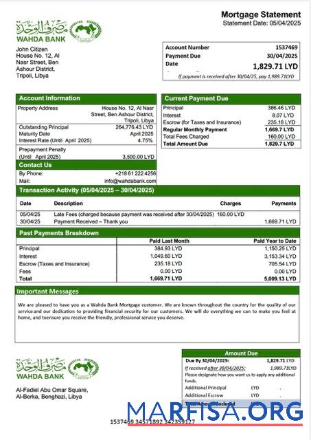 Realistisch Libyen Wahda Bank┬áHypothek Kontoauszug Word and PDF Vorlage