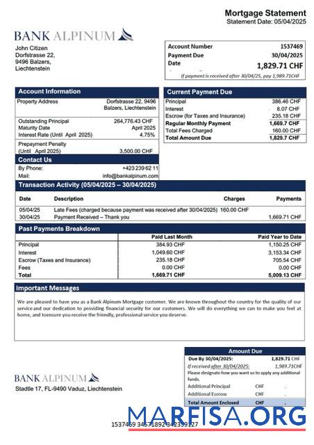 Hohe Qualität Liechtenstein Bank Alpinum Hypothek Kontoauszug Word and PDF Vorlage