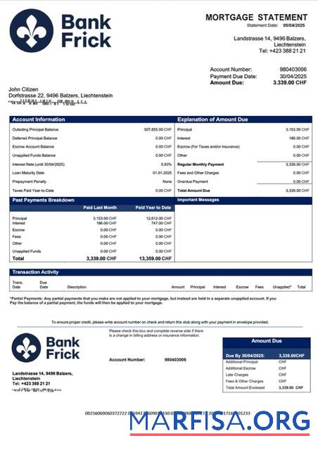Realistisch Liechtenstein Bank Frick & Co Hypothek Kontoauszug Word and PDF Vorlage