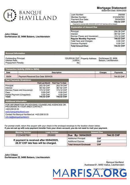 Realistisch Liechtenstein Banque Havilland Hypothek Kontoauszug Word and PDF Vorlage