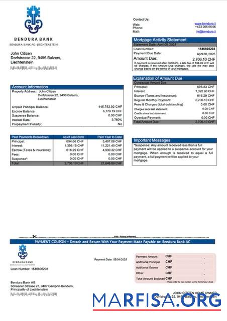 Hohe Qualität Liechtenstein Bendura Bank AG Hypothek Kontoauszug Word and PDF Vorlage
