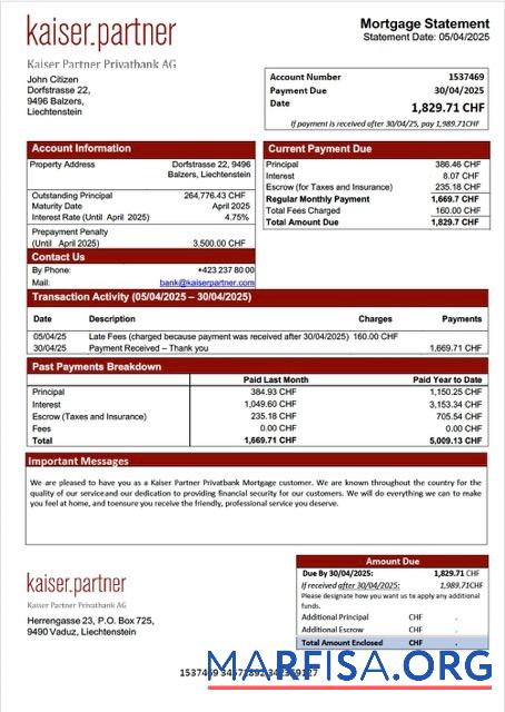 Professionell Liechtenstein Kaiser Partner Privatbank Hypothek Kontoauszug Word and PDF Vorlage