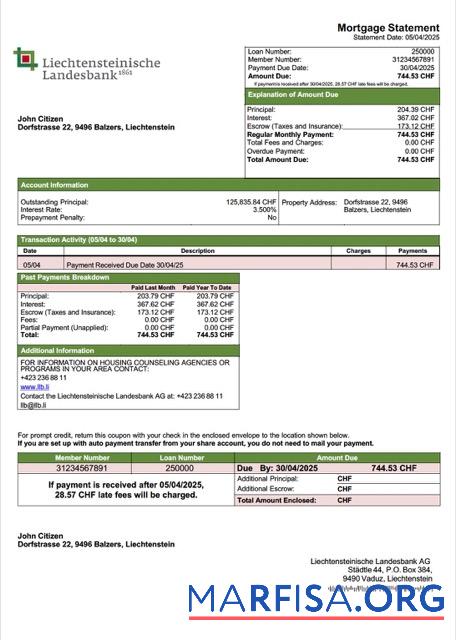 Bearbeitbar Liechtenstein Liechtensteinische Landesbank AG Hypothek Kontoauszug Word and PDF Vorlage