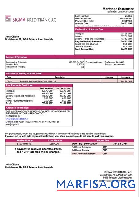 Realistisch Liechtenstein SIGMA KREDITBANK AG Hypothek Kontoauszug Word and PDF Vorlage