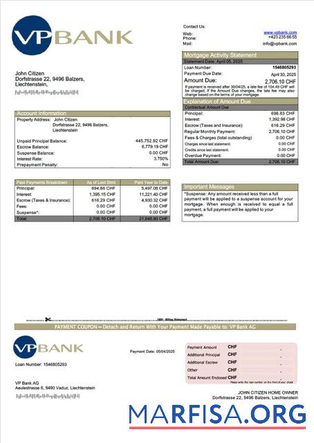 Realistisch Liechtenstein VP Bank AG Hypothek Kontoauszug Word and PDF Vorlage
