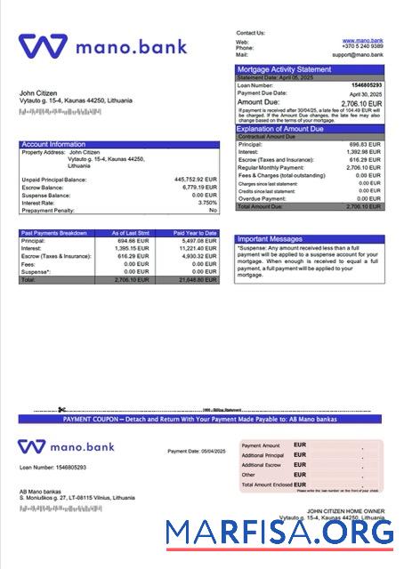 Hohe Qualität Litauen AB Mano bankas Hypothek Kontoauszug Word and PDF Vorlage