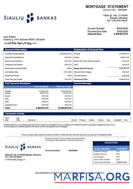 Hohe Qualität Litauen AB S╠îiauliu╠¿ bankas Hypothek Kontoauszug Word and PDF Vorlage