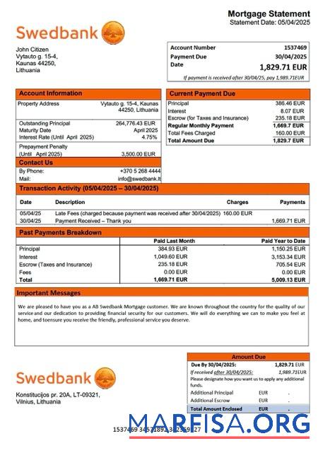 Bearbeitbar Litauen AB Swedbank Hypothek Kontoauszug Word and PDF Vorlage