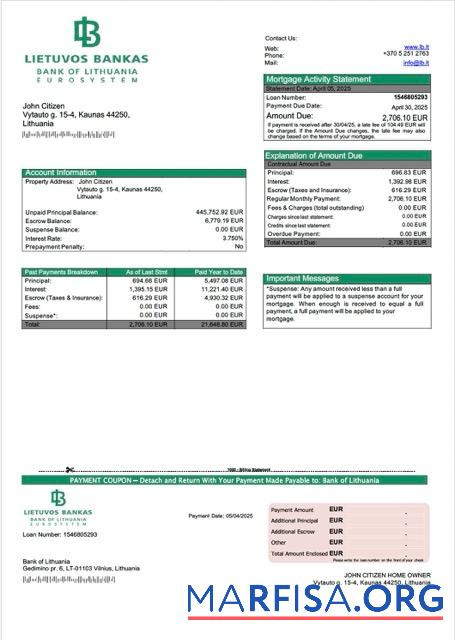 Hohe Qualität Litauen Bank of Litauen Hypothek Kontoauszug Word and PDF Vorlage