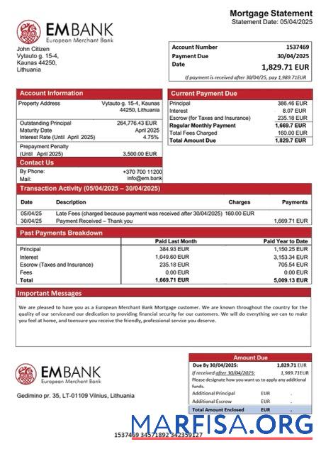 Realistisch Litauen European Merchant Bank Hypothek Kontoauszug Word and PDF Vorlage