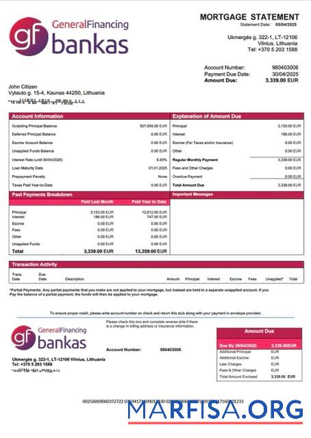 Realistisch Litauen UAB GF bankas Hypothek Kontoauszug Word and PDF Vorlage