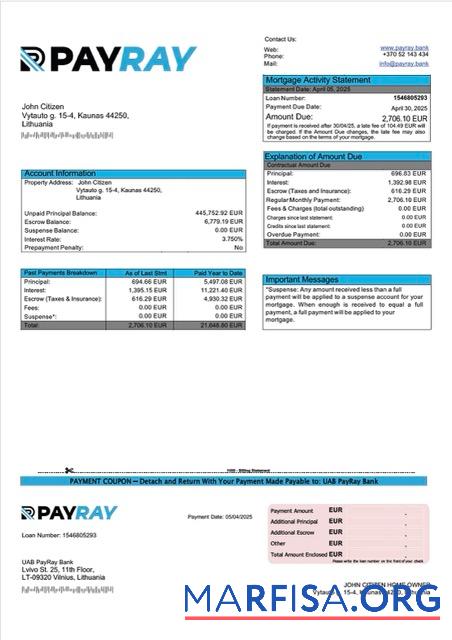 Premium Litauen UAB PayRay Bank Hypothek Kontoauszug Word and PDF Vorlage
