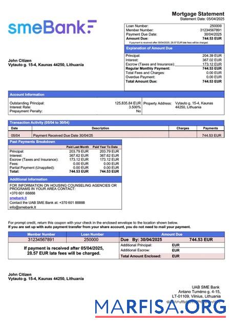 Premium Litauen UAB SME Bank Hypothek Kontoauszug Word and PDF Vorlage