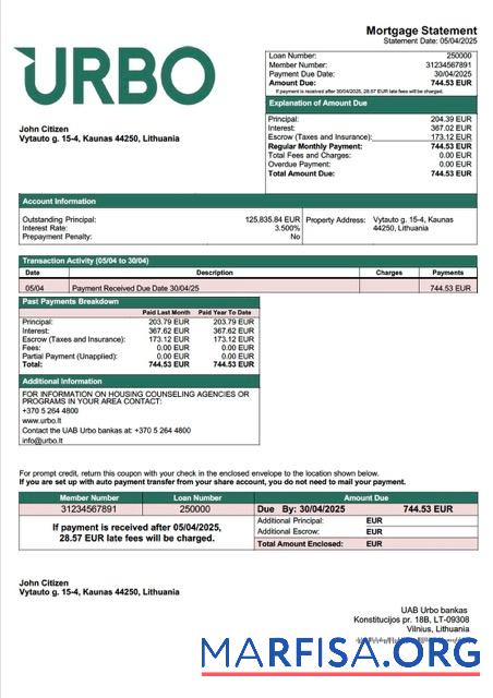 Bearbeitbar Litauen UAB Urbo bankas Hypothek Kontoauszug Word and PDF Vorlage