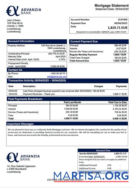Hohe Qualität Luxemburg Advanzia Bank Hypothek Kontoauszug Word and PDF Vorlage