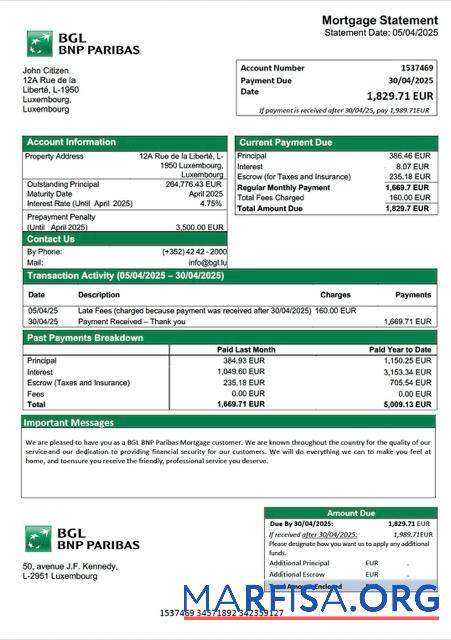 Hohe Qualität Luxemburg BGL BNP Paribas Hypothek Kontoauszug Word and PDF Vorlage