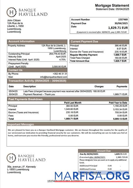 Hohe Qualität Luxemburg Banque Havilland Hypothek Kontoauszug Word and PDF Vorlage