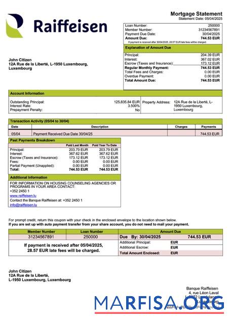 Professionell Luxemburg Banque Raiffeisen Hypothek Kontoauszug Word and PDF Vorlage
