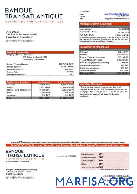 Professionell Luxemburg Banque Transatlantique Luxemburg Hypothek Kontoauszug Word and PDF Vorlage