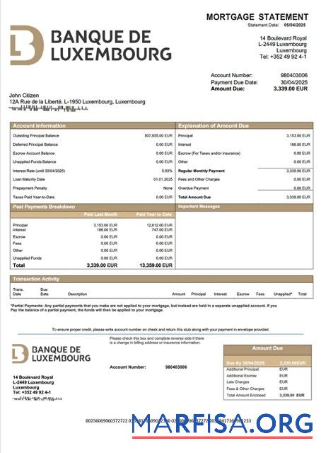 Professionell Luxemburg Banque de Luxemburg Hypothek Kontoauszug Word and PDF Vorlage