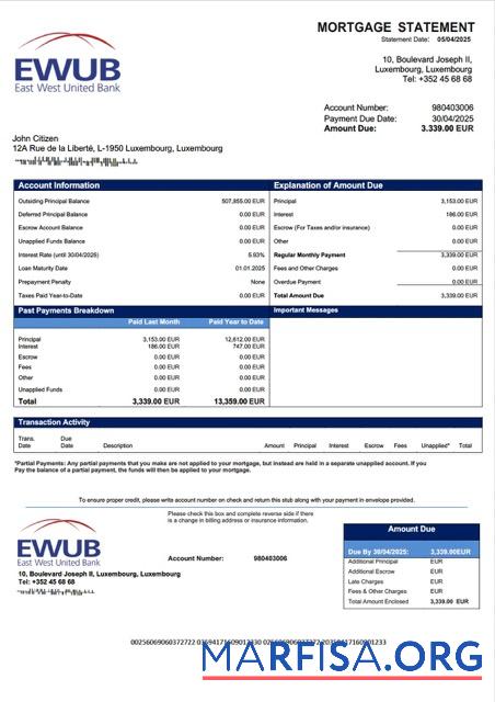 Realistisch Luxemburg East West United Bank Hypothek Kontoauszug Word and PDF Vorlage