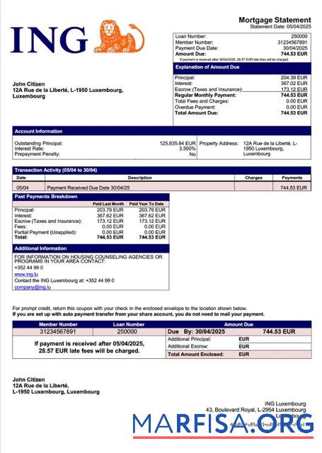 Professionell Luxemburg ING Luxemburg Hypothek Kontoauszug Word and PDF Vorlage
