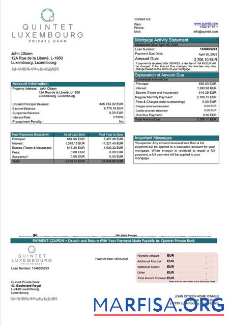 Professionell Luxemburg Quintet Private Bank Hypothek Kontoauszug Word and PDF Vorlage