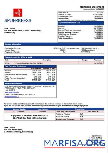 Professionell Luxemburg Spuerkeess Bank Hypothek Kontoauszug Word and PDF Vorlage