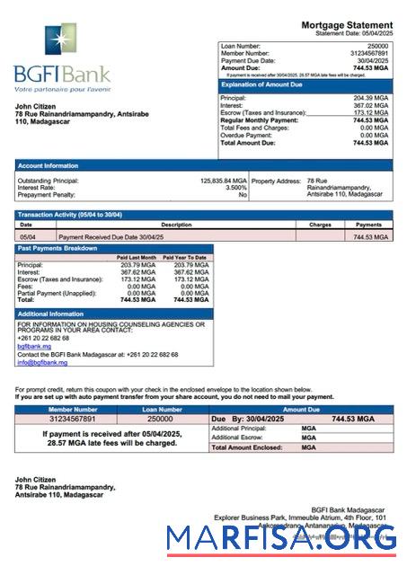 Premium Madagaskar BGFI Bank Madagaskar Hypothek Kontoauszug Word and PDF Vorlage
