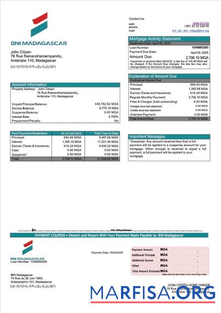 Bearbeitbar Madagaskar BNI Madagaskar Hypothek Kontoauszug Word and PDF Vorlage
