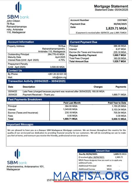 Bearbeitbar Madagaskar Banque SBM Madagaskar Hypothek Kontoauszug Word and PDF Vorlage