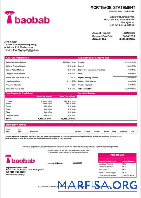 Realistisch Madagaskar Baobab Banque Madagaskar Hypothek Kontoauszug Word and PDF Vorlage