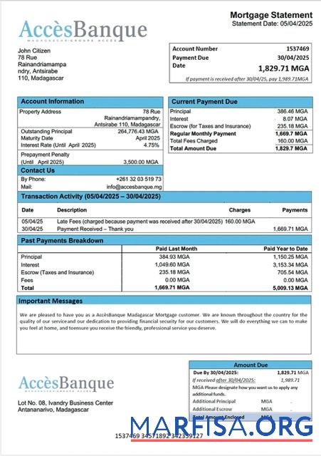Hohe Qualität Madagaskar┬áAcce╠ÇsBanque Madagaskar Hypothek Kontoauszug Word and PDF Vorlage