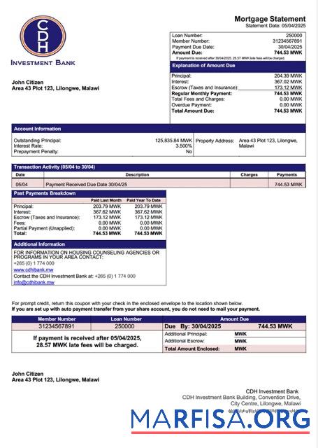 Realistisch Malawi CDH Investition Bank Hypothek Kontoauszug Word and PDF Vorlage