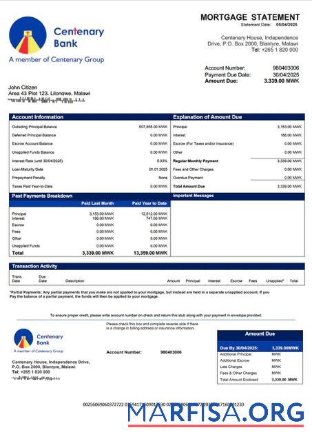 Bearbeitbar Malawi Centenary Bank Malawi Hypothek Kontoauszug Word and PDF Vorlage
