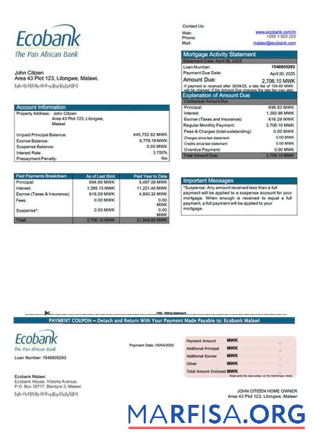 Premium Malawi Ecobank Malawi Hypothek Kontoauszug Word and PDF Vorlage