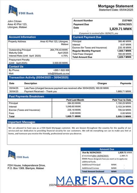 Professionell Malawi FDH Bank Hypothek Kontoauszug Word and PDF Vorlage