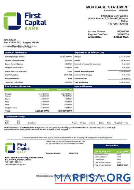Premium Malawi First Capital Bank Malawi Hypothek Kontoauszug Word and PDF Vorlage
