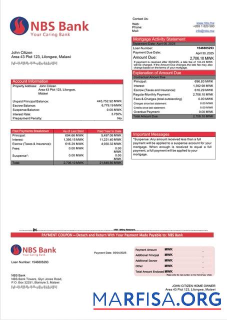 Premium Malawi NBS Bank Hypothek Kontoauszug Word and PDF Vorlage