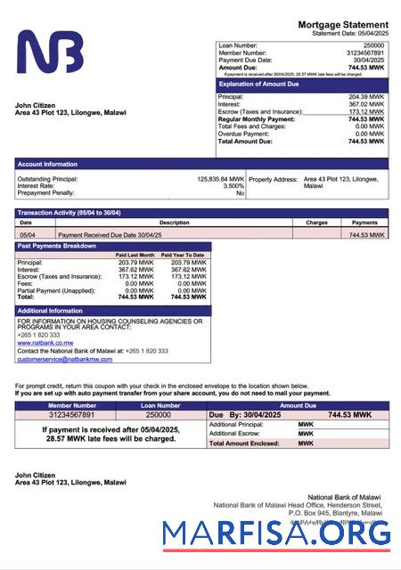 Bearbeitbar Malawi National Bank of Malawi Hypothek Kontoauszug Word and PDF Vorlage