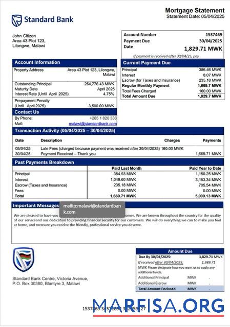 Realistisch Malawi Standard Bank Malawi Hypothek Kontoauszug Word and PDF Vorlage