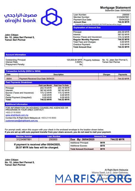Hohe Qualität Malaysia Al Rajhi Bank Malaysia Hypothek Kontoauszug Word and PDF Vorlage